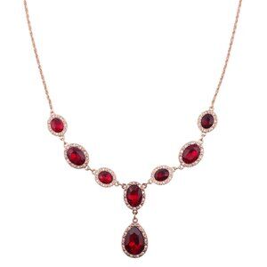 Circa 1900 Red Oval and Teardrop Crystal Mix Goldtone Y-Style Necklace NEW